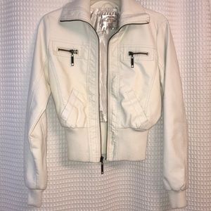 Women’s white leather jacket.
